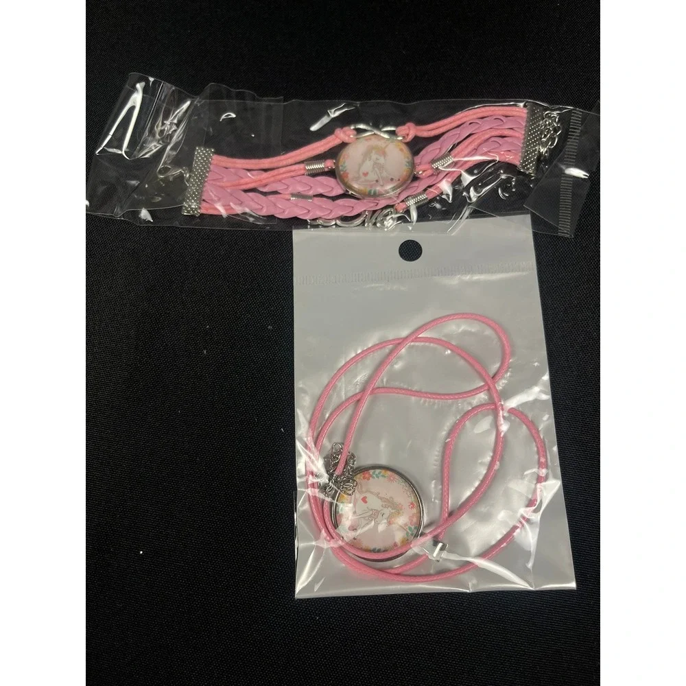 Unicorn Jewelry Set Pink Purple Braided Bracelet Necklace Frosted Pouch New